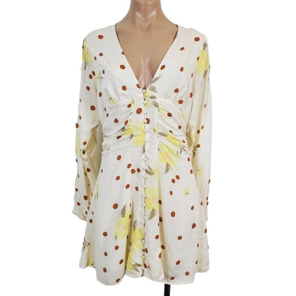 Free People Dresses & Skirts - Free People Date Night Mini Dress S Ivory Floral Dot Sunshine Combo Long Sleeve